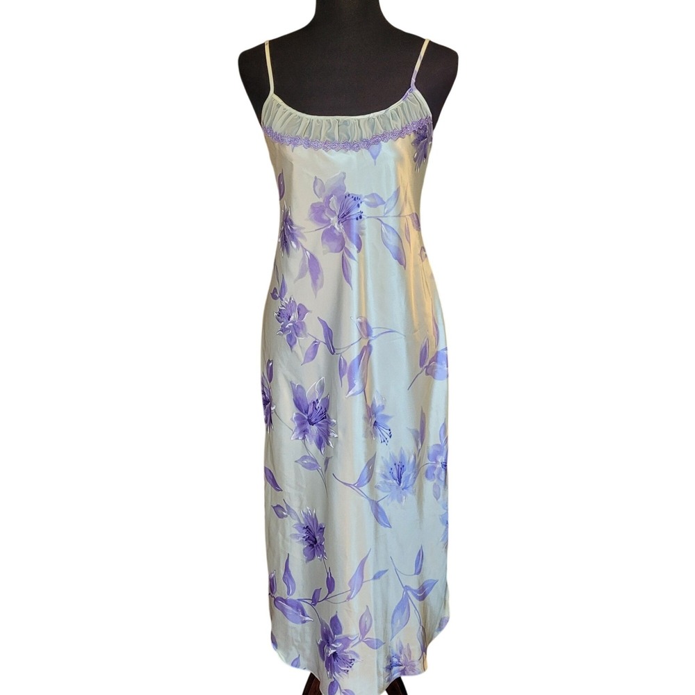 Vintage Satin Midi Slip Dress Green Purple Floral‎ M Coquette Whimsigoth Fairy